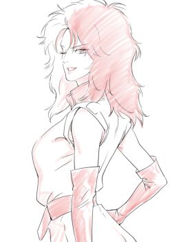 Rule 34 | 1980s (style), 1980s fashion, 1girl, breasts, chara soon, commentary request, eyeshadow, gloves, greyscale, gundam, gundam zz, lipstick, long hair, looking at viewer, makeup, mana30row, military uniform, monochrome, multicolored hair, neo zeon, oldschool, one eye closed, retro artstyle, science fiction, simple background, sketch, smile, solo, split-color hair, two-tone hair, white background