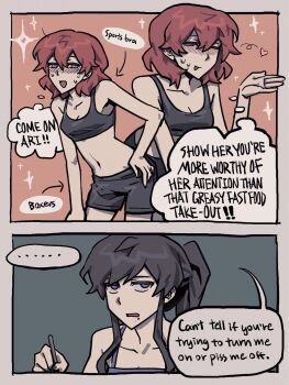 ... 2girls 2koma ari_(class_of_09) boxers bugs_bug_me class_of_09 comic english_text flirting highres male_underwear multiple_girls navel nicole_(class_of_09) red_hair speech_bubble spoken_ellipsis sports_bra underwear