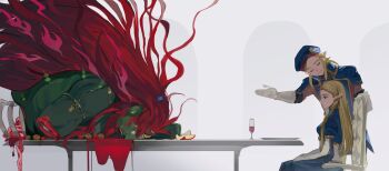 1girl 2boys amputee armlet beetin217 beret blonde_hair blood blue_dress blue_hat breasts chain closed_eyes colored_skin crown cup death dress drinking_glass earrings ganondorf gesture gloves gold_armlet gold_trim green_skin hat highres jewelry link long_hair medium_breasts medium_hair military_hat military_uniform multiple_boys nintendo official_alternate_costume parted_lips pointy_ears princess_zelda red_hair royal_guard_set_(zelda) sitting smile spinal_cord the_legend_of_zelda the_legend_of_zelda:_breath_of_the_wild very_long_hair white_gloves wine_glass