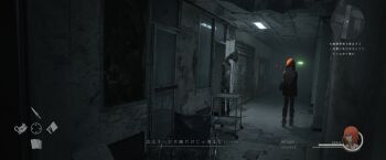 1girl absurdres asteroid_ill blood blood_on_clothes blood_on_face blood_splatter character_name fake_screenshot from_behind heads-up_display health_bar highres indoors minimap optic_nerve_(asteroid_ill) original ruins scenery solo standing static translation_request tray user_interface wheelchair wide_shot