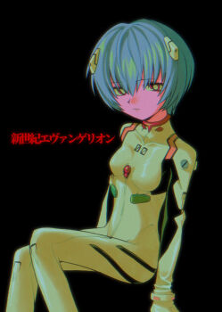 Rule 34 | 1girl, absurdres, ayanami rei, black background, blue hair, bodysuit, breasts, bright pupils, closed mouth, copyright name, expressionless, highres, looking at viewer, mecha pilot suit, menma (enaic31), neon genesis evangelion, plugsuit (evangelion), red eyes, short hair, small breasts, solo, translated, white bodysuit, white pupils