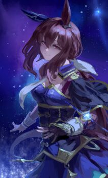 Rule 34 | 1girl, admire vega (starry nocturne) (umamusume), admire vega (umamusume), animal ears, black gloves, blue cape, blue dress, breasts, brown hair, cape, closed mouth, dress, ear covers, fingerless gloves, gloves, highres, horse ears, horse girl, inishie kumo, large breasts, looking at viewer, low ponytail, night, ponytail, purple eyes, single ear cover, sky, smile, solo, umamusume