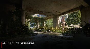 Rule 34 | 1girl, abandoned, absurdres, ass, backboob, blue eyes, blush, breasts, citlali (genshin impact), closed mouth, colored tips, commentary, completely nude, english commentary, floating headgear, from below, genshin impact, hair intakes, headgear, highres, large breasts, long hair, looking to the side, multicolored hair, nude, outdoors, overgrown, panbol 98, pink hair, plant, railing, ruins, scenery, signature, solo, standing, tree, vines, wide shot