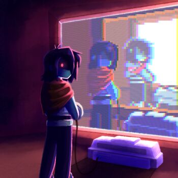 3others blue_hair blue_skin cape colored_skin deltarune duplicarto glowing glowing_eye hero_sword_(deltarune) kris_(dark_world)_(deltarune) kris_(deltarune) looking_at_viewer looking_back multiple_others multiple_persona other_focus pixelated recursion red_cape screen shaded_face short_hair standing utdr_(toby_fox)