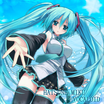 1girl aqua_eyes aqua_hair aqua_necktie black_skirt black_sleeves character_name detached_sleeves grey_shirt hatsune_miku highres long_hair musical_note necktie roozaku shirt skirt sleeveless sleeveless_shirt solo thighs twintails vocaloid