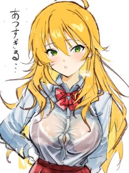 1girl ahoge blonde_hair blush bow bowtie bra bra_visible_through_clothes breasts breath button_gap buttons collared_shirt commentary_request dress_shirt green_eyes hair_between_eyes hand_on_own_hip highres hoshii_miki hot idolmaster idolmaster_(classic) lace lace-trimmed_bra lace_trim large_breasts long_hair long_sleeves looking_at_viewer open_mouth red_bow red_bowtie see-through_clothes see-through_shirt shirt sidelocks simple_background sketch solo translated underwear upper_body wavy_hair white_background white_shirt zenoo