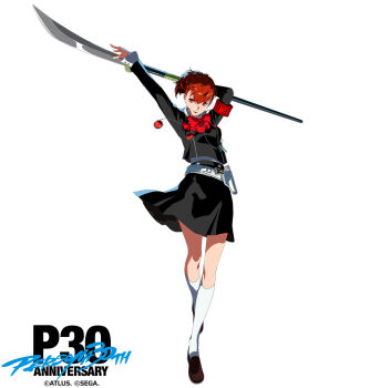 Rule 34 | 1girl, arms up, atlus, belt, black jacket, commentary, crossed ankles, dynamic pose, earphones removed, english commentary, evoker, gekkoukan high school uniform, headphones, holding, holding weapon, jacket, kneehighs, loafers, long sleeves, mp3 player, naginata, official art, persona, persona 3, persona 3 portable, polearm, red eyes, red hair, s.e.e.s, school uniform, shiomi kotone, shirt, shoes, simple background, skirt, socks, weapon, white background, white shirt, white socks