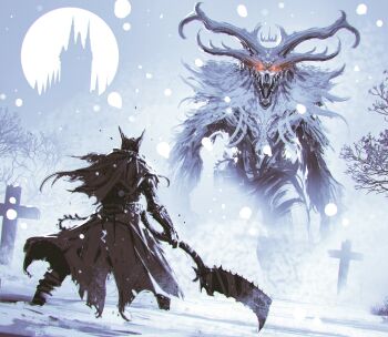 bloodborne castle cloak cross from_behind fromsoftware full_moon glowing glowing_eyes graveyard hat highres holding holding_weapon kalmahul monster moon open_mouth outdoors red_eyes saw saw_cleaver sharp_teeth snowing teeth tree tricorne weapon