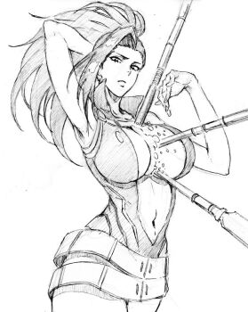 1girl boku_no_hero_academia breasts center_opening cleavage kubo_tite_(style) large_breasts long_hair navel ponytail rakusakugk solo yaoyorozu_momo