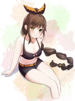 1girl absurdres bare_arms bare_shoulders belt bikini bikini_top_only black_bikini black_ribbon black_shorts blush braid breasts brown_hair cleavage closed_mouth collarbone cropped_legs front-tie_bikini_top front-tie_top green_eyes hair_ornament hair_ribbon highres long_hair looking_at_viewer medium_breasts midriff multi-tied_hair navel orange_belt orange_ribbon ponytail rain_re_a re:zero_kara_hajimeru_isekai_seikatsu ribbon shaula_(re:zero) short_shorts shorts single_braid sitting smile solo swimsuit v-shaped_eyebrows very_long_hair
