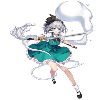 1girl artist_request black_bow black_bowtie black_hairband black_shoes blue_eyes bow bowtie breasts circle_skirt collared_shirt dual_wielding frilled_skirt frills full_body game_asset green_skirt green_vest grey_hair hairband hitodama hitodama_print holding holding_sword holding_weapon katana konpaku_youmu konpaku_youmu_(ghost) looking_at_viewer mary_janes medium_breasts non-web_source official_art puffy_short_sleeves puffy_sleeves self-datamine shirt shoes short_hair short_sleeves simple_background skirt skirt_set socks solo sword touhou touhou_arcadia_record transparent_background vest wakizashi weapon white_shirt white_socks