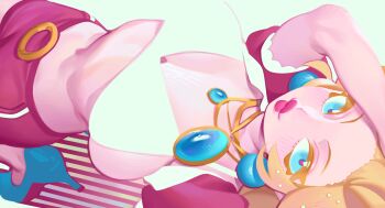 1girl alternate_costume arm_above_head bikini blonde_hair body_bridge breasts chain colored_skin earrings frills gloss_(hotglossed) gold_chain gyaru hand_in_own_hair high_heels highres jewelry large_breasts leaning_back lipstick looking_at_viewer makeup mario_(series) necklace nintendo pink_skin pink_theme princess_peach puffy_sleeves short_shorts shorts sidelocks simple_background sphere_earrings stomach swimsuit thick_lips