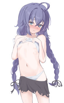 1girl 3: ahoge bare_shoulders black_ribbon black_skirt blue_eyes blue_hair blush bow bow_panties braid breasts camisole camisole_lift closed_mouth clothes_lift clothes_pull collarbone covered_erect_nipples cowboy_shot crossed_bangs embarrassed furrowed_brow groin hair_between_eyes hair_ribbon hands_up highres lifting_own_clothes loli long_hair looking_at_viewer low_twin_braids low_twintails melani_e miniskirt mushoku_tensei navel nose_blush panties ribbon roxy_migurdia sidelocks simple_background skirt skirt_pull small_breasts solo stomach sweatdrop twin_braids twintails underwear undressing upturned_eyes very_long_hair wavy_mouth white_background white_bow white_camisole white_panties