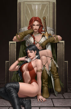 2girls armor bikini_armor black_footwear black_hair boots bracelet braid braided_ponytail brown_footwear brown_gloves cape clothing_cutout collar crossed_legs crossover earrings fur-trimmed_cape fur_trim gloves green_cape grey_eyes highres jewelry long_hair looking_at_viewer multiple_girls navel_cutout on_floor one-piece_swimsuit red_hair red_nails red_one-piece_swimsuit red_sonja red_sonja_(comics) sitting sitting_on_throne stone_floor swimsuit sword thigh_boots vampirella vampirella_(character) weapon white_collar yoon_junggeun