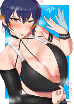 1girl areola_slip armband arutoriaru between_breasts black_choker black_sleeves black_sports_bra blonde_hair blue_background blue_hair blue_nails blush breasts choker cleavage clothes_pull detached_sleeves earrings fanning_self heart jewelry large_breasts last_origin lips mole mole_on_breast mole_under_mouth multicolored_hair short_hair single_sleeve smile solo sports_bra sports_bra_pull sterling_(last_origin) sweat twitter_username upper_body wristband yellow_eyes
