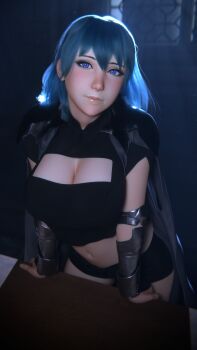 1girl 3d absurdres blue_eyes breasts female_byleth_(fire_emblem) cape cleavage fire_emblem fire_emblem:_three_houses gauntlets green_eyes highres j9006 large_breasts lips long_hair looking_at_viewer midriff navel nintendo shorts solo stomach