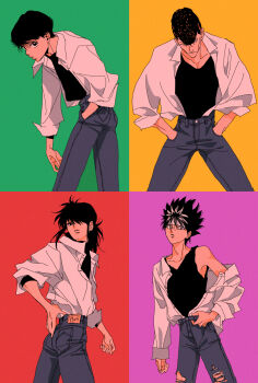 0mimi3 4boys hair_over_one_eye hands_in_pockets headband hiei highres kurama_(yu_yu_hakusho) kuwabara_kazuma long_sleeves male_focus multiple_boys pants pompadour shirt short_hair sidelocks sleeveless sleeveless_shirt spiked_hair urameshi_yuusuke yuu_yuu_hakusho