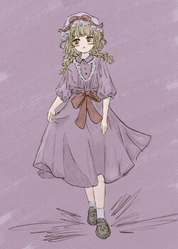 Rule 34 | 1girl, alternate hairstyle, blonde hair, blush, bow, brown shoes, buttons, closed mouth, clothes lift, collared dress, dress, dress bow, frown, fushianatan, hat, hat bow, highres, looking to the side, maribel hearn, medium hair, mob cap, puffy sleeves, purple background, purple dress, red bow, shoes, skirt, skirt lift, sleeve cuffs, socks, solo, touhou, walking, white hat, white socks, yellow eyes