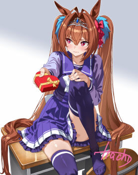 Rule 34 | 1girl, animal ears, antenna hair, blush, bow, bowtie, box, brown hair, closed mouth, commentary request, daiwa scarlet (umamusume), desk, gift, gift box, hair intakes, hair ornament, heart-shaped box, highres, holding, holding box, holding gift, horse ears, horse girl, horse tail, incoming gift, itacha (artist), knee up, long hair, looking to the side, on desk, purple sailor collar, purple shirt, purple skirt, purple thighhighs, red eyes, sailor collar, sailor shirt, school uniform, shirt, simple background, sitting, skirt, solo, tail, thighhighs, thighs, tiara, tracen school uniform, umamusume, v-shaped eyebrows, valentine, very long hair, white background, white bow, white bowtie