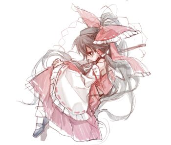 1girl 80isiiii black_shoes bow brown_hair detached_sleeves fetal_position frilled_bow frilled_hair_tubes frills gohei hair_bow hair_tubes hakurei_reimu highres interlocked_fingers long_hair mary_janes own_hands_together red_bow red_skirt ribbon-trimmed_sleeves ribbon_trim shoes sketch skirt skirt_set socks solo touhou very_long_hair white_socks
