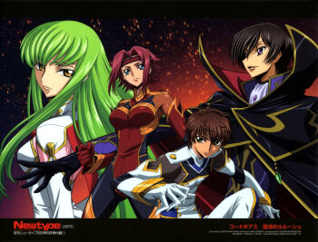 2boys 2girls absurdres anime_coloring artist_name ascot black_cape black_gloves black_hair blue_eyes bodysuit breasts brown_eyes brown_hair c.c. cape code_geass copyright_name curtained_hair gloves green_eyes green_hair headband highres kouzuki_kallen kururugi_suzaku large_breasts lelouch_vi_britannia light_frown long_hair long_sidelocks long_sleeves looking_ahead looking_at_viewer looking_to_the_side medium_breasts military_uniform multiple_boys multiple_girls nakatani_seiichi newtype official_art pants parted_bangs purple_eyes red_gloves red_hair red_headband short_hair sidelocks sideways_glance smile standing third-party_source white_gloves white_pants