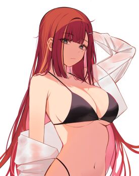 1girl akane_lize arm_up armpit_crease bare_shoulders bikini black_eyes breasts cleavage closed_mouth hair_ornament hairclip highleg highleg_bikini highres jacket large_breasts mole mole_under_eye multicolored_hair navel o-ring o-ring_bikini off_shoulder red_hair simple_background solo stellive stomach streaked_hair string_bikini swimsuit talnory upper_body virtual_youtuber white_background white_jacket