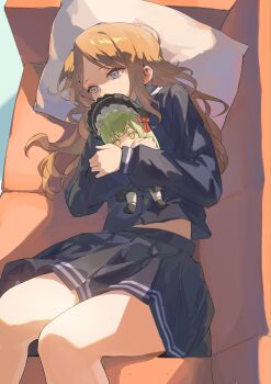 1girl absurdres bang_dream! bang_dream!_it's_mygo!!!!! blue_eyes blue_shirt blue_skirt brown_hair character_doll chinese_commentary commentary_request couch doll highres long_hair lying nagasaki_soyo on_couch pillow pleated_skirt shirt sidelocks skirt wakaba_mutsumi wakaba_mutsumi_(doll) was775