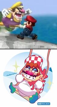 baseball_bat brown_hair crossdressing dress facial_hair gloves grin hat hitting lolo_aburto makeup mario mario_(series) meme mustache nintendo overalls pain pointy_ears shirt smile snow sun super_smash_bros. swing teeth the_cat_in_the_hat_(2003) wario winter