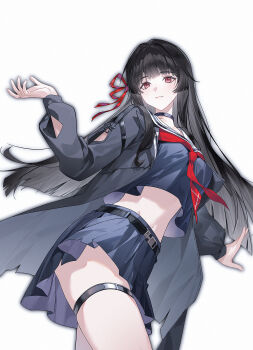 1girl black_choker black_hair black_serafuku black_shirt black_skirt breasts chinese_commentary chisa_(wuthering_waves) choker closed_mouth commentary_request hair_ribbon hand_up highres long_hair looking_at_viewer medium_breasts navel neckerchief red_eyes red_neckerchief red_ribbon ribbon sailor_collar school_uniform serafuku shirt skirt smile solo stomach thigh_strap thighs white_sailor_collar wuthering_waves yin_lan_xue
