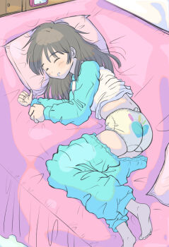 1girl accidental_exposure ahoge artist_request ass back barefoot bed bedroom brown_hair clenched_hands clock closed_eyes clothes_pull expressionless feet female_focus fingernails flat_chest full_body hands_up heart heart_panties heart_print indoors knees_up legs light_blush loli long_hair long_sleeves lying midriff neck on_bed on_side original pajamas pajamas_pull panties pants pants_pull parted_lips pillow print_panties shirt_pull sidelocks sleeping soles thighs toes underwear wardrobe_malfunction white_panties
