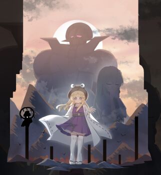 +_+ 3girls absurdres bird blonde_hair brown_hat closed_eyes closed_mouth coat commentary frog_hair_ornament green_hair hair_ornament hat highres hisou_tensoku interlocked_fingers kochiya_sanae lab_coat long_hair long_sleeves looking_at_viewer mecha moriya_suwako mountainous_horizon multiple_girls no_noru onbashira open_clothes open_coat own_hands_together pleated_skirt purple_skirt purple_vest ribbon-trimmed_sleeves ribbon_trim robot sandals short_sleeves skirt skirt_set smile thighhighs touhou vest white_coat white_thighhighs wide_sleeves yasaka_kanako