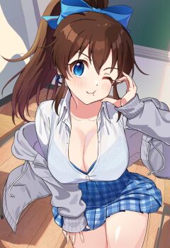 1girl :t ;t blue_bra blue_ribbon blue_skirt blush bra breasts brown_hair cardigan cardigan_partially_removed classroom cleavage collarbone desk earrings grey_cardigan gyaru hair_ribbon half-heart_hands heart heart_earrings idolmaster idolmaster_million_live! indoors jewelry kamille_(vcx68) kogal large_breasts long_hair looking_at_viewer miniskirt one_eye_closed open_cardigan open_clothes open_collar plaid_clothes plaid_skirt pleated_skirt ponytail ribbon satake_minako school_desk school_uniform shirt skirt solo thighs underwear white_shirt wooden_floor
