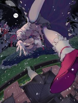 3girls absurdres arm_up bat_wings blonde_hair bloomers blouse brooch christmas closed_eyes commentary crystal crystal_wings english_commentary fisheye flandre_scarlet floating foreshortening full_moon grey_hair hat highres hong_meiling jacket jewelry lake light_smile long_hair long_sleeves looking_at_viewer mob_cap moon mountain mountainous_horizon multiple_girls night night_sky open_clothes open_jacket outdoors outstretched_arm outstretched_hand outstretched_legs purple_eyes red_hair reindeer remilia_scarlet scarlet_devil_mansion shirt shoes short_hair silhouette skirt skirt_set sky sleigh snowing socks standing touhou underwear upside-down upskirt water wings yuara