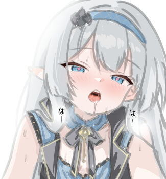 1girl after_kiss black_dress black_ribbon blue_dress blue_eyes blue_hairband checkered_clothes checkered_dress checkered_hairband commentary_request dress female_tyrant_(stella_sora) gallve grey_hair hair_ornament hairband head_tilt heart heart-shaped_pupils heavy_breathing highres jewelry key key_necklace layered_dress looking_at_viewer narrowed_eyes neck_ribbon necklace pointy_ears pov ribbon saliva saliva_trail simple_background sketch sleeveless sleeveless_dress solo stella_sora sweat symbol-shaped_pupils teeth tongue tyrant_(stella_sora) upper_body upper_teeth_only white_background