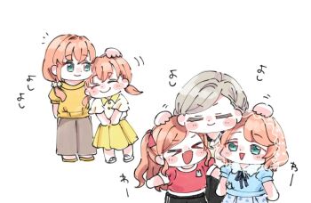 Rule 34 | > <, 5girls, :d, aqua eyes, black pants, blue shirt, blue skirt, brown pants, ceras yanagida lilienfeld, commentary request, contrast collar, family, grey hair, hair over shoulder, headpat, hinoshita futaba, hinoshita kaho, hinoshita kaho's mother, hinoshita minori, link! like! love live!, love live!, low side ponytail, moso (expect66), mother and daughter, multiple girls, open mouth, orange hair, pants, pleated skirt, puffy short sleeves, puffy sleeves, red shirt, shirt, short sleeves, siblings, simple background, sisters, skirt, smile, twins, virtual youtuber, white background, white shirt, xd, yellow shirt, yellow skirt