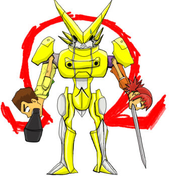 cannon digimon hinomoto_akari omega_symbol omegashoutmon simple_background sword tsurugi_zenjirou weapon what white_background why