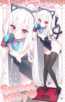 Rule 34 | 1girl, alternate costume, animal ear hairband, animal ears, animal hands, apple caramel, arm behind back, bare shoulders, black hairband, black leotard, black shoes, black tail, black thighhighs, blue archive, blue necktie, blush, breasts, cat ear hairband, cat ears, cat paws, cat tail, commentary, covered navel, detached collar, double-parted bangs, fake animal ears, fake tail, full body, gloves, groin, hair between eyes, hairband, halo, hand on own face, hand up, heart, heart tail, high heels, highleg, highleg leotard, highres, kei (blue archive), kei (new body) (blue archive), knees together feet apart, leaning forward, leotard, long hair, long hair between eyes, looking at viewer, necktie, parted lips, paw gloves, pink eyes, pink halo, playboy bunny, rectangular halo, ringed eyes, shoes, solo, strapless, strapless leotard, tail, thighhighs, very long hair, white hair, zoom layer