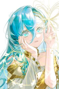 Rule 34 | 1girl, 37 (reverse:1999), :d, ancient greek clothes, artist name, bare shoulders, blue hair, bug, butterfly, commentary, gold choker, greco-roman clothes, hair between eyes, hand on own cheek, hand on own face, hands up, highres, insect, long hair, looking at viewer, open mouth, reverse:1999, s1eepye zzz, smile, solo, toga, upper body, white background, white butterfly