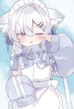 1girl akikan_sabako animal_ear_fluff animal_ears apron artist_name blue_background blue_jacket blue_ribbon blush cat_ears cat_girl commentary_request frilled_apron frills grey_eyes grey_hair hair_between_eyes hair_ornament hair_ribbon hairclip highres jacket jersey_maid long_hair long_sleeves looking_at_viewer mafuyu_(vrchat) maid maid_headdress one-hour_drawing_challenge one_eye_closed open_mouth parallel_hairclips ribbon sleeves_past_fingers sleeves_past_wrists solo sparkle track_jacket unconventional_maid upper_body vrchat white_apron zipper