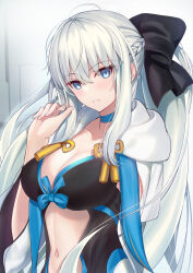 Rule 34 | 1girl, black bow, blue choker, blue eyes, blush, bow, braid, breasts, choker, cleavage, closed mouth, clothing cutout, collarbone, fate/grand order, fate (series), french braid, grey hair, hair between eyes, hair bow, highres, large breasts, long hair, long sleeves, looking at viewer, morgan le fay (fate), navel, neko daruma, ponytail, sidelocks, solo, stomach cutout, two-tone dress, very long hair, wide sleeves