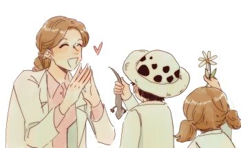 1boy 2girls ^_^ aged_down animal avaxxah braid braided_ponytail brown_hair closed_eyes commentary english_commentary flower heart highres holding holding_animal holding_flower lab_coat law&#039;s_mother_(one_piece) mother_and_daughter mother_and_son multiple_girls one_piece open_mouth simple_background smile trafalgar_lami trafalgar_law twintails white_background