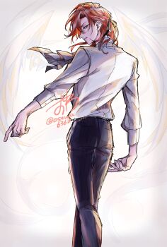 1boy angel_wings ascot black_pants black_ribbon cale_henituse commentary_request feet_out_of_frame from_behind hair_ribbon highres long_hair long_sleeves looking_at_viewer looking_back lout_of_count&#039;s_family low_ponytail male_focus medium_hair orange_hair osewa6363 pants parted_lips pointing ponytail profile red_hair ribbon shirt sideways_glance signature simple_background solo standing twitter_username white_background white_shirt wings