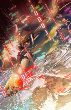 3boys absurdres antenna_hair arm_tattoo armlet blonde_hair blood chest_tattoo closed_eyes commentary cracked_skin different_reflection ed_ed_ee english_commentary glitch gold_necklace gradient_hair highres honkai:_star_rail honkai_(series) imminent_kiss jewelry male_focus multicolored_hair multiple_boys mydei_(honkai:_star_rail) necklace phainon_(honkai:_star_rail) phainon_(khaslana)_(honkai:_star_rail) red_hair red_tattoo reflection ripples short_hair tattoo white_hair yaoi yellow_blood