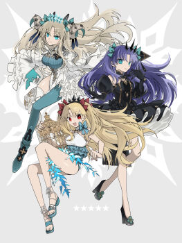 3girls absurdres anki-ereshkigal_(fate) bare_shoulders birdcage black_dress black_gloves blonde_hair blue_eyes blue_hair blue_one-piece_swimsuit bow breasts cage commentary_request curled_horns detached_collar dress elbow_gloves ereshkigal_(fate) ereshkigal_(swimsuit_beast)_(fate) fate/grand_order fate_(series) frills full_body gloves green_eyes green_pantyhose hair_bow hair_ornament hairband high_heels highres horns leotard long_hair long_sleeves looking_at_viewer medium_breasts multiple_girls multiple_persona o-ring one-piece_swimsuit open_mouth pantyhose parted_bangs red_eyes sandals single_leg_pantyhose single_thighhigh smile space_ereshkigal_(fate) swimsuit thighhighs tokumori_ramen two-tone_swimsuit two_side_up white_gloves white_leotard white_one-piece_swimsuit white_thighhighs
