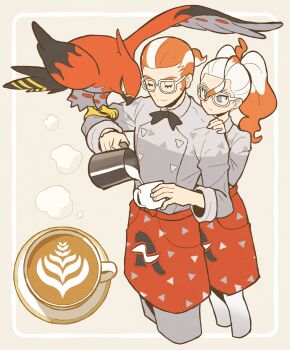 Rule 34 | 1boy, 1girl, absurdres, animal on arm, apron, bird, bird on arm, black bow, black bowtie, blue eyes, bow, bowtie, closed eyes, coffee mug, colored tips, cowboy shot, cowlick, cropped legs, cup, gen 6 pokemon, glasses, grey pants, grey shirt, griselle (pokemon), grisham (pokemon), hair pulled back, hand on another&#039;s shoulder, highres, mug, multicolored hair, nintendo, orange apron, orange hair, over shoulder, pants, pantyhose, pokemon, pokemon (creature), pokemon legends: z-a, ponytail, pouring, sach56000, shirt, short ponytail, smile, split ponytail, talonflame, two-tone hair, waist apron, white-framed eyewear, white hair, white pantyhose