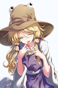 Rule 34 | 1girl, absurdres, blonde hair, darjeeling (reley), female focus, fingernails, hair ribbon, hat, highres, long fingernails, long hair, long sleeves, looking at viewer, moriya suwako, open mouth, parted bangs, purple skirt, purple vest, pyonta, ribbon, sash, shirt, sidelocks, simple background, skirt, skirt set, sleeves past wrists, smile, solo, tongue, tongue out, touhou, turtleneck, vest, white background, white shirt, wide sleeves, yellow eyes