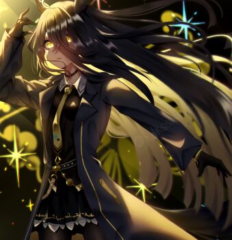 Rule 34 | 1girl, ahoge, arm up, belt, black belt, black choker, black coat, black gloves, black hair, black pantyhose, black shirt, black skirt, black vest, blunt ends, choker, coat, commentary request, floating hair, gloves, hair between eyes, hem peeking out, highres, long hair, long hair between eyes, long sleeves, manhattan cafe (creeping black) (umamusume), manhattan cafe (umamusume), multicolored hair, necktie, open clothes, open coat, pantyhose, parted lips, pleated skirt, shirt, skirt, solo, umamusume, very long hair, vest, white hair, yangyue mao, yellow eyes, yellow necktie