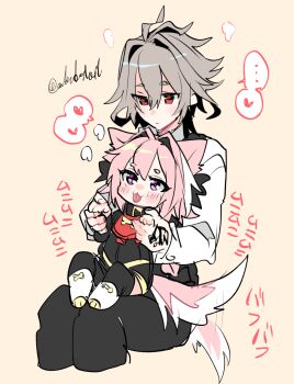 ... 2boys animal_ears artist_name astolfo_(fate) blush bone command_spell commentary_request deformed dog_boy dog_ears dog_tail eyes_visible_through_hair fate/apocrypha fate_(series) grey_hair hair_between_eyes hand_tattoo haoro heart multicolored_hair multiple_boys pink_background pink_hair purple_eyes red_eyes sieg_(fate) signature simple_background sitting sitting_on_lap sitting_on_person speech_bubble spoken_heart streaked_hair tail tail_wagging tattoo tongue tongue_out twitter_username two-tone_hair watermark white_hair