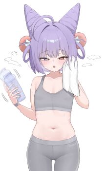 1girl absurdres ahoge bare_shoulders blue_eyes blush bottle cone_hair_bun cowboy_shot double_bun flat_chest gamble_0 gluteal_fold grey_pants grey_sports_bra hair_bun hair_ornament half-closed_eyes heterochromia highres holding holding_bottle holding_towel loli looking_at_viewer midriff navel open_mouth pants purple_hair short_hair simple_background solo sports_bra standing steaming_body stellive stomach sweat tenko_shibuki towel water_bottle white_background wristband yellow_eyes yoga_pants