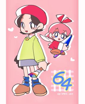 Rule 34 | 2girls, adeleine, artist name, beret, black hair, bow, brown shoes, fairy, fairy wings, grey skirt, hair bow, hat, heart, highres, holding, holding paintbrush, kirby (series), kirby 64, multiple girls, nintendo, paintbrush, pink background, pink hair, red bow, red hat, ribbon (kirby), shoes, simple background, skirt, smock, socks, tako (katw4223), wings